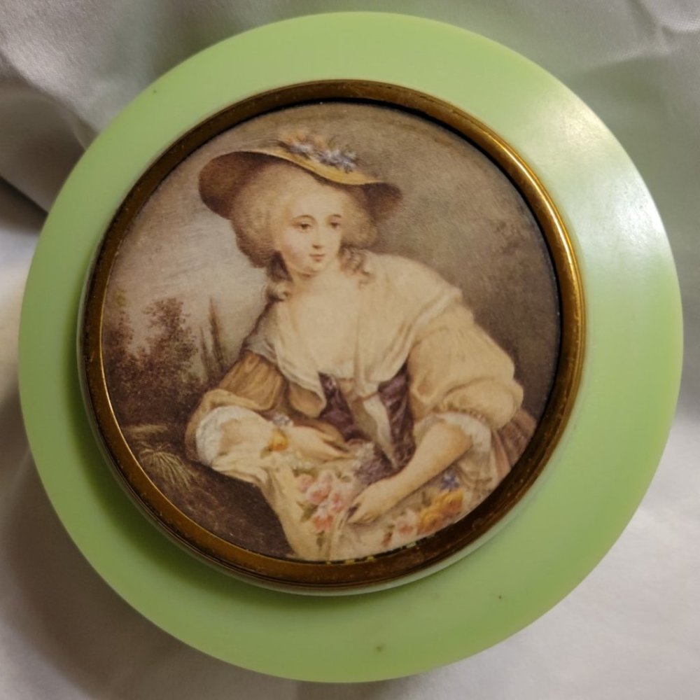 Dubarry Art Deco Green Celluloid Box Trinket Box Victorian Woman Portrait